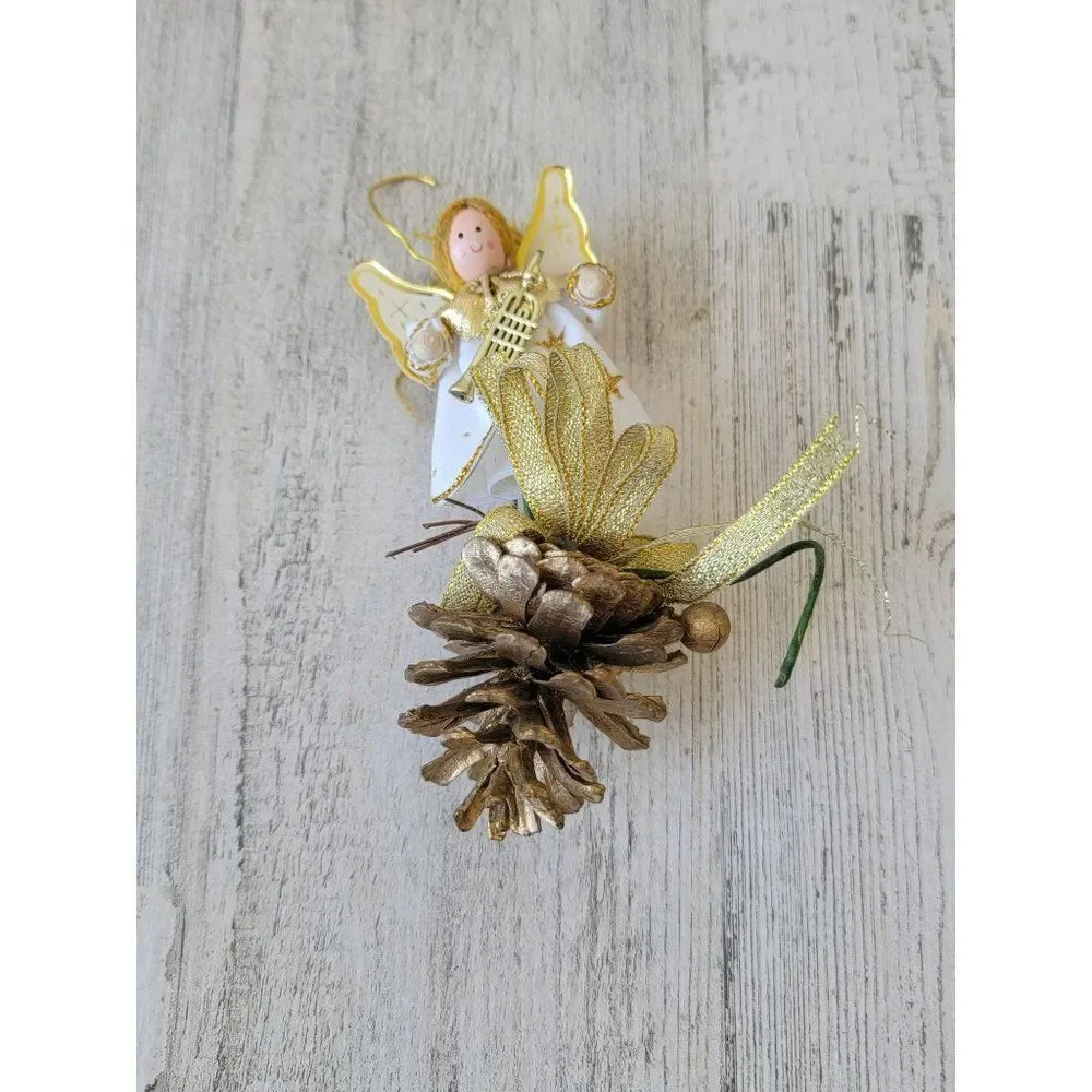 Vintage wooden angel pine cone golden ornament‎ Xmas decor trumpet